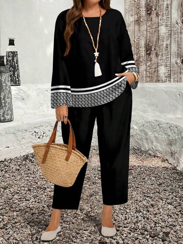 EMERY ROSE 2 sztuki/zestaw Plus Size Casual Minimalistyczny Zestaw z geometrycznym nadrukiem, odpowiedni na wiosnę i jesień