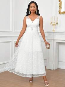 SHEIN Lady Vestido midi de mujer de cuello en V sólido blanco