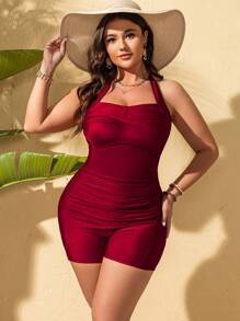 SHEIN Swim Curve Plus Size Women's Red Backless Halter One-Piece Swimsuit, Sexy & Elegant For Summer Beach & Vacation - Red - View 4