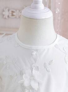 女童优雅圆领花卉贴花泡泡袖网眼蓬蓬连衣裙，春/秋