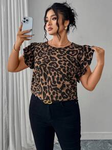 SHEIN Clasi 大码豹纹荷叶边下摆豹纹衬衫、女式衬衫和衬衫、女式工作衬衫、豹纹上衣、女士度假装、女士夏季装、女士商务休闲装、女士外出上衣、女士办公装、女士春季装、节日 - 棕色 - 查看 4