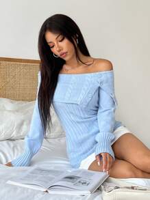 SHEIN EZwear Women's Casual Solid Color Off-Shoulder Sweater, Autumn/Winter - Blue - View 5