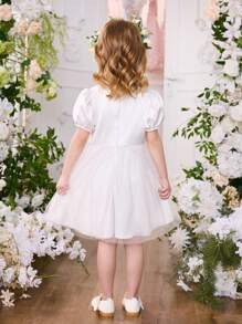 SHEIN Glamorique Kids Flower Young Girls Floral Puff Sleeve White Princess Mesh Dress, Perfect For Wedding, Holiday, Party, Birthday, Summer - White - View 2