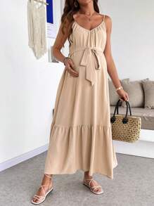 SHEIN Pregnant Women Solid Color Casual Holiday Sleeveless Dress Maternity Dress - Khaki - View 5