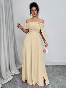 Rafferiza 女式露肩褶皱领扭腰连衣裙，配全裙 - 杏色 - 查看 4