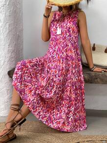 Breezaya Boho Hot Pink Print Long Smock Dress With V Neck And Ruffle Hem Sleeveless Flared - Hot Pink - View 6