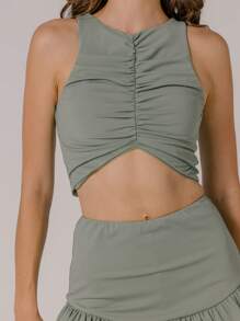 Aralina Women's Casual Solid Color Ruched Crop Tank Top & Ruffled Hem Skirt 2 Pieces Set - Olive Green - View 3