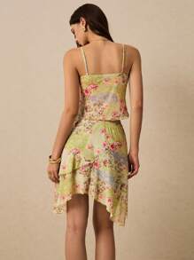 Poéselle 2pcs/Set Women Floral Print Sleeveless Top And Mini Skirt Sets, Vacation