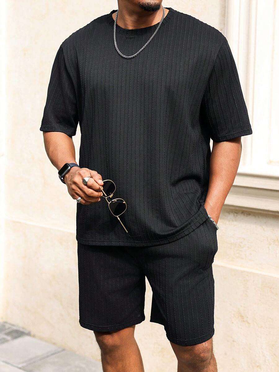 Manfinity Homme Plus Size Men Short Sleeve T-Shirt And Shorts Set, Solid Color Casual Matching Outfit, Cozy Outfits - Black - View 1