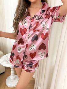 Dream Adore 2pcs Women Heart Pattern Lapel Shirt & Shorts Pajama Set - Multicolor - View 2