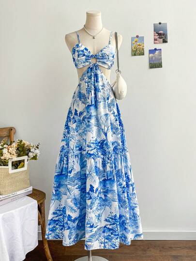 Soleia 女式复古花卉印花 V 领镂空腰 A 字形连衣裙，配有金属环装饰，度假、派对、休闲海滩、下午茶、约会