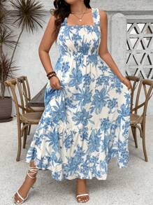 SHEIN Clasi Vestido maxi con tirantes de ajuste y volantes en el bajo con estampado floral para mujer talla grande - Azul y blanco - Ver 4