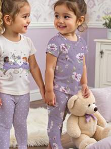 SHEIN Leap Crew Baby Girl Casual Cute Polka Dot & Flower Print Fitted Crew Neck Short Sleeve Tee & Pants Home Outfit, Multi-Pcs, Suitable For Spring & Summer - Multicolor - View 4