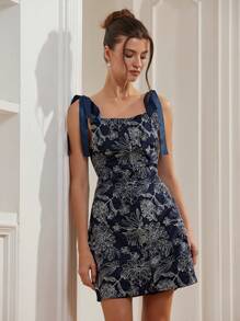 Aveloria Rosie 法式复古优雅高端刺绣缎面拼布无袖收腰迷你连衣裙，女式波西米亚风度假时尚风格全身印花花卉印花，适合夏季春秋季