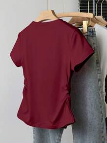 SHEIN Tee-shirt court à manches courtes pour filles préadolescentes, couleur unie, taille froncée, polyvalent, printemps/été