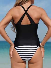 SHEIN Swim Lushore Women's 2 Pieces Tankini Swimwear Set With Flower Trim Solid Black Top And Striped Print Triangle Bottoms, Comfortable & Casual For Beach Vacation