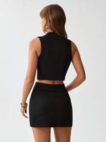 SHEIN LUNE Conjunto de estilo occidental de ropa informal de verano para el trabajo: falda, chaleco y chaqueta de traje en negro