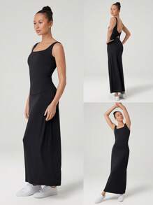 GLOWMODE Modal Silky Smooth Instep-Length Back Knot Square-Neck Wrap Maxi Dress Daily Casual Wear Removable Cups - Black - View 7