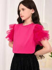 SHEIN Tween 女童纯色圆领网眼拼接短袖 T 恤 - 玫紅色 - 查看 3