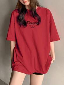 DAZY 女士简约印花圆领短袖T恤日常百搭千工装夏季超大码T恤 - 紅色 - 查看 6