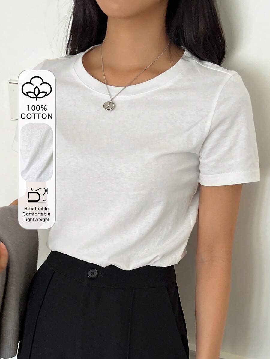 DAZY Solid Round Neck Tee - White - View 1