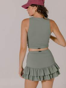 Aralina Women's Casual Solid Color Ruched Crop Tank Top & Ruffled Hem Skirt 2 Pieces Set - Olive Green - View 2