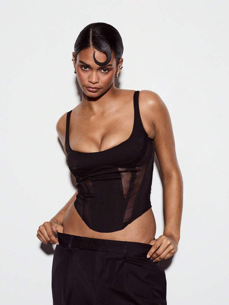 KIZN Sleeveless Mesh Panel Corset Bustier Top