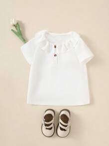 SHEIN Girl's French Sweet Style T-Shirt, White Short Sleeve Top With Waffle Ruffled Collar Half-Button Design, Casual Minimalist Daily Wear - White - View 8