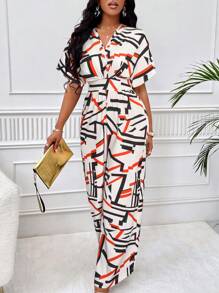 SOLERSUN Women's Geometric Print V-Neck Batwing Sleeve Casual Jumpsuit (Printed Pattern Random) - Multicolor - View 1