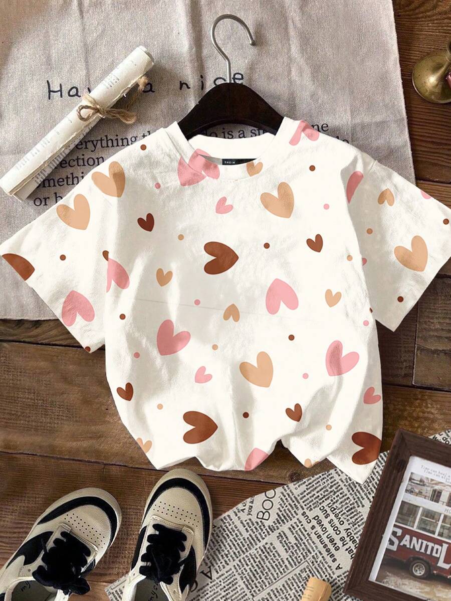 SHEIN Leap Crew Tween 女童休闲简约卡通爱心短袖圆领 T 恤,适合夏季 - 彩色 - 查看 1