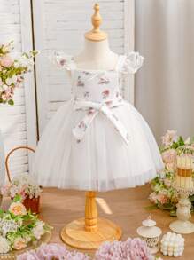 SHEIN Glamorique Kids Vestido de fiesta de manga de tul con estampado floral de rosa para niña bebé