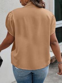 Calvaya Plus Size Solid Color V-Neck Tie Petal Sleeve Casual/Work Shirt