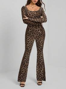 SHEIN Tall Women's Autumn Leopard Print Square Neck Long Sleeve Flared Fashion Jumpsuit