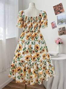 Sunnyshic Vestido A-Line de mujer de talla grande con estampado de girasol y mangas con volantes, elegante vestido de verano para vacaciones y playa