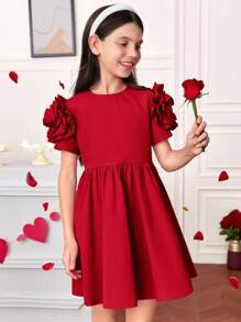 SHEIN Tween Girl Solid Color Rose Flower Ruffle Hem Zipper Short Sleeve Dress