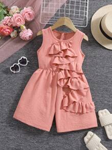 Young Girls' Sleeveless Solid Color Round Neck Simple Fashion Jumpsuit, Suitable For Summer - Pink - View 3