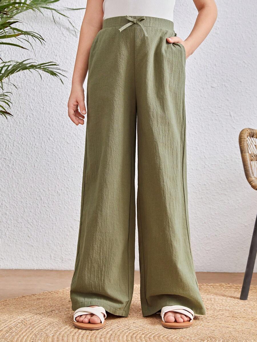 SHEIN Tween Girls' Solid Ribbon Tie Straight Leg Pants - Army Green - View 1