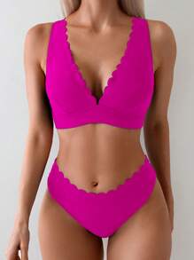 Women's Solid Color Curved Edge Sexy Bikini Set, Summer Beach - Hot Pink - View 6