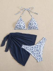 Swim Mod Bộ bikini hở cổ yếm cho nữ kèm váy che phủ màu trơn - Màu xanh hải quân - Xem 4