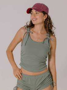 Aralina Women's Solid Color Tie Shoulder Camisole And Shorts 2 Pieces Casual Set - Olive Green - View 6