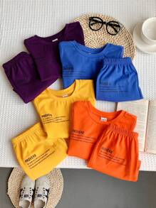 SHEIN Leap Crew 8 件/套婴儿男孩和女孩休闲可爱图形字母印花连帽长袖毛衣上衣和针织短裤 2 件套服装，适合春夏穿着、居家和户外