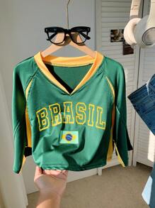 SHEIN Comfortcana Women's Summer Short Sleeve V-Neck Color Block Letter Printed Casual Crop Top With Raglan Sleeve Jersey