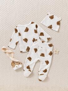 SHEIN 3 件套新生儿婴儿男女款蛇皮印花长袖衬衫和连脚裤配帽子冬季服装 - 淺灰色 - 查看 3