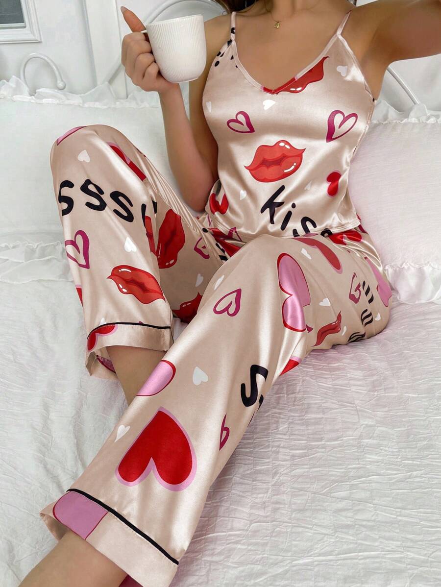 Lip Print & Letter Silk Spaghetti Strap Long Pants Pajama Set - Multicolor - View 1