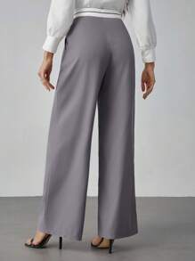 SHEIN Tall Contrast Color Pocket Casual Suit Wide-Leg Pants - Grey - View 2