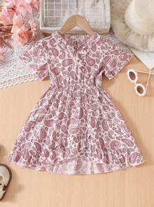 Robe à manches courtes col V assortie mère-fille, robe imprimée rétro minimaliste et de style vintage cachemire pour les filles, pour le printemps/été, tenues décontractées, rassemblements familiaux, sorties - Rouge et Blanc - Voir 1