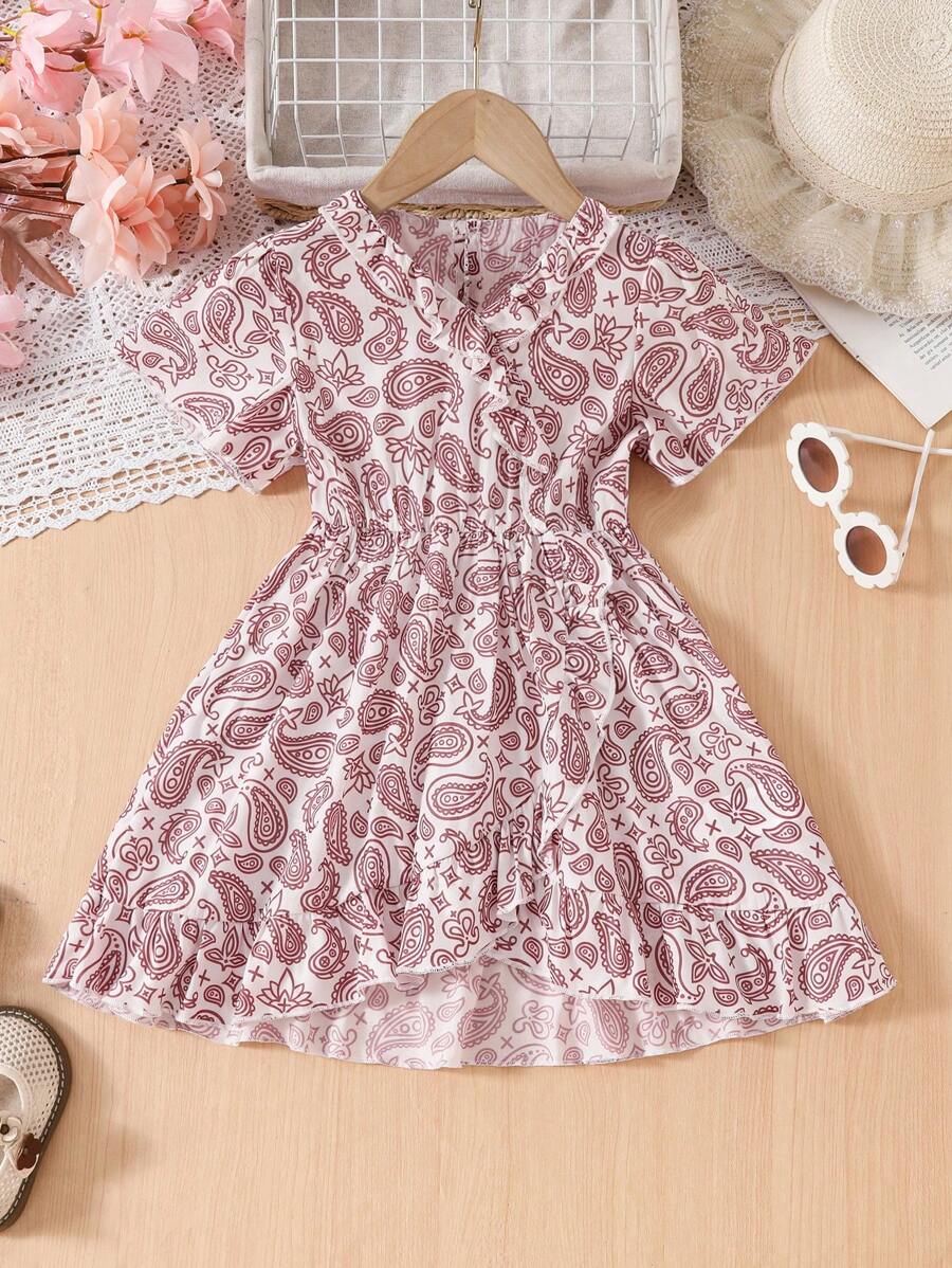Robe à manches courtes col V assortie mère-fille, robe imprimée rétro minimaliste et de style vintage cachemire pour les filles, pour le printemps/été, tenues décontractées, rassemblements familiaux, sorties - Rouge et Blanc - Voir 1