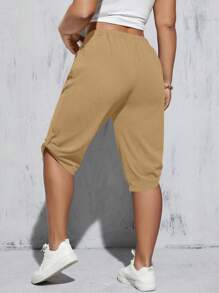 SHEIN Essnce Women's Plus Size Black Capri Pants With Bottom Buttons, Spring/Summer - Khaki - View 2