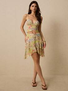 Poéselle 2pcs/Set Women Floral Print Sleeveless Top And Mini Skirt Sets, Vacation