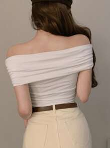 DAZY 女士露肩纯色T恤，简约时尚，适合夏季 - 白色 - 查看 3